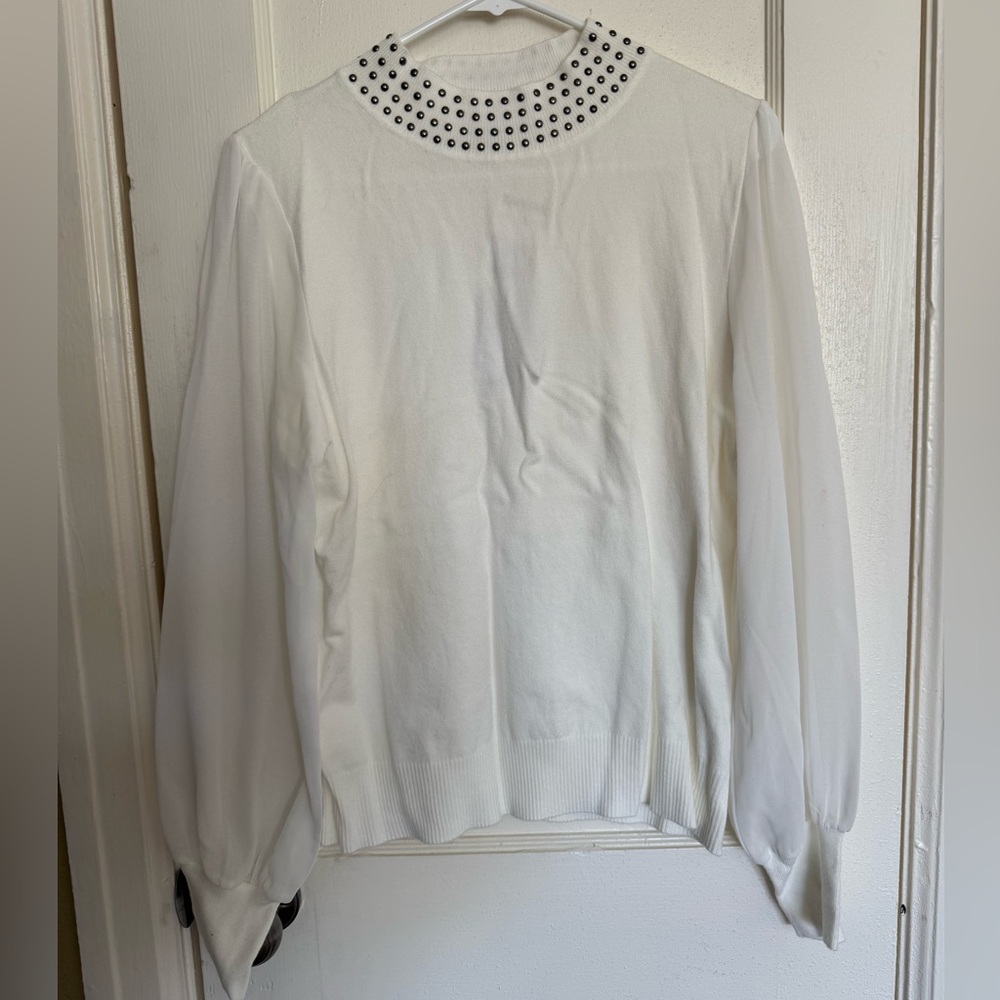 Siani White Crewneck Long Sleeve with Studded Collar Detail and Sheer Sleeves. L